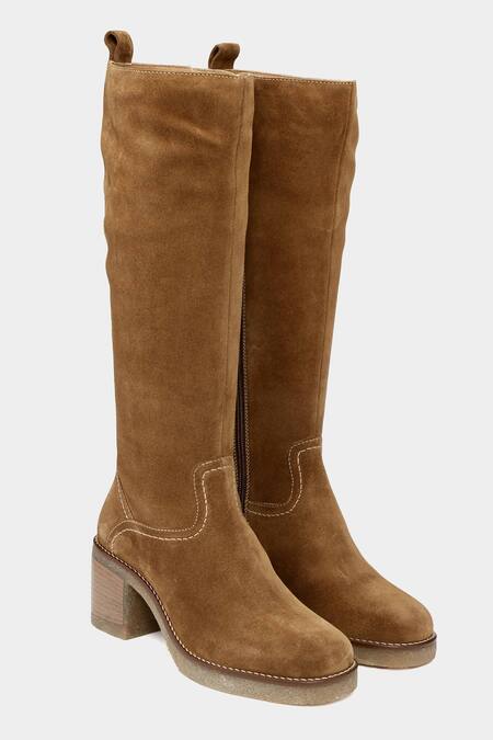 Shop_Oroh_Brown Tan Stitchline Thread Embroidered Boots _Online_at_Aza_Fashions