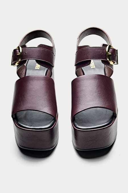 Shop Oroh Maroon Buckles Genuine Leather Platform Heels at Aza Fashions Shop_Oroh_Maroon Buckles Genuine Leather Platform Heels _at_Aza_Fashions