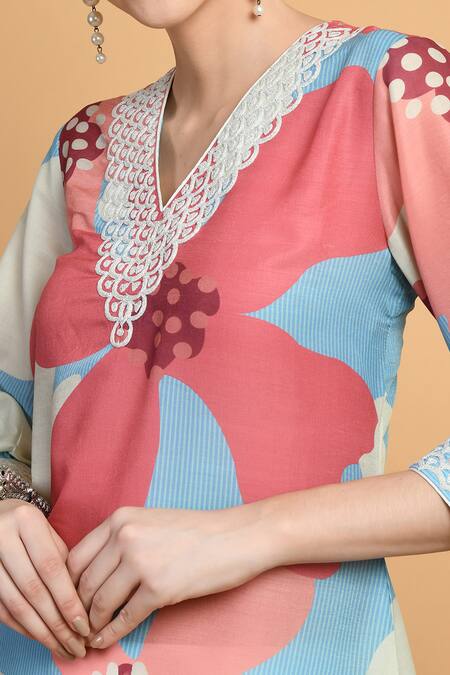 Samyukta Singhania Multi Color Muslin, Chiffon Embroidery V-neck Printed Kurta And Palazzo Set Online at Aza Fashions Samyukta Singhania_Multi Color Muslin, Chiffon Embroidery V-neck Printed Kurta And Palazzo Set_Online_at_Aza_Fashions