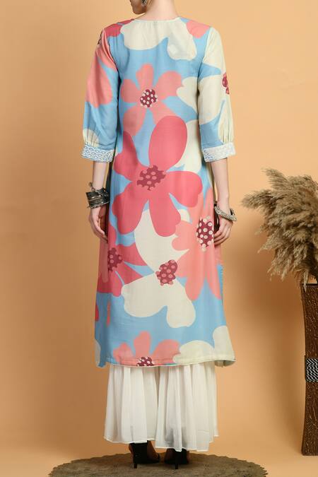 Shop Samyukta Singhania Multi Color Muslin, Chiffon Embroidery V-neck Printed Kurta And Palazzo Set at Aza Fashions Shop_Samyukta Singhania_Multi Color Muslin, Chiffon Embroidery V-neck Printed Kurta And Palazzo Set_at_Aza_Fashions