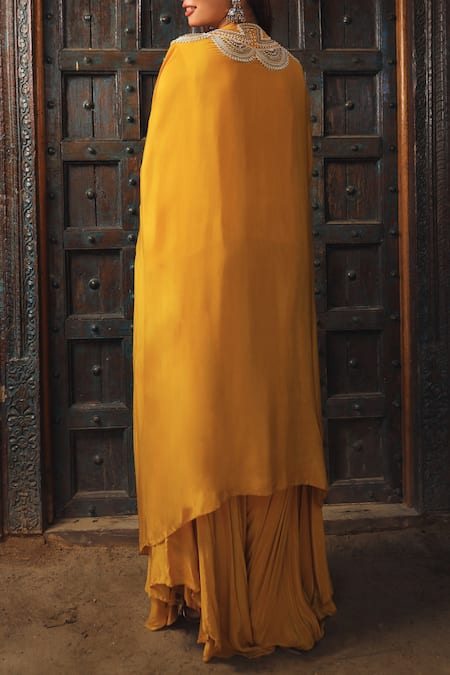 Shop Samyukta Singhania Yellow Denim, Silk, Crepe Cut Work, Pearls, Mandala Bloom Shrug And Sharara Set at Aza Fashions Shop_Samyukta Singhania_Yellow Denim, Silk, Crepe Cut Work, Pearls, Mandala Bloom Shrug And Sharara Set _at_Aza_Fashions