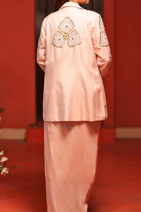 Shop_Samyukta Singhania_Peach Silk, Crepe Cut Work, Pearls, Sequins, Florin Jacket And Draped Skirt Set _at_Aza_Fashions