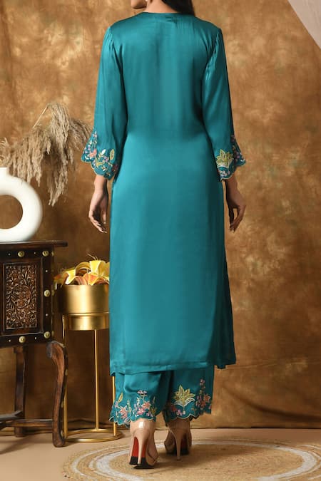 Shop_Samyukta Singhania_Blue Satin, Organza Beads, Sequins, Embroidery V-neck Floral Kurta And Pant Set _at_Aza_Fashions