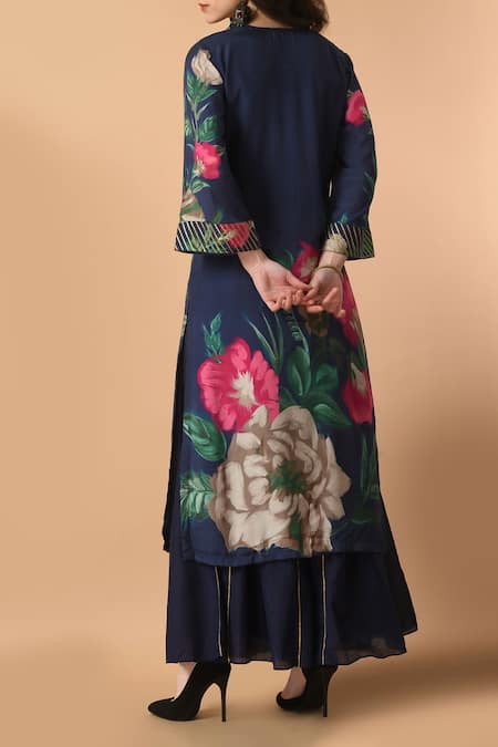 Shop_Samyukta Singhania_Blue Muslin, Chanderi Beads, Lace Floral Printed Straight Kurta With Flared Pant _at_Aza_Fashions