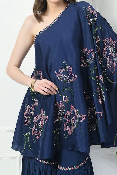 Samyukta Singhania_Blue Silk Embroidery Asymmetric Flower One Shoulder Tunic With Sharara _Online_at_Aza_Fashions