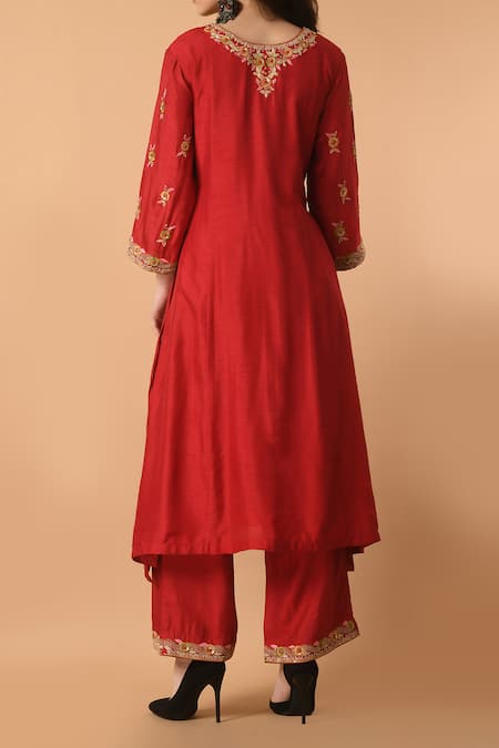Shop Samyukta Singhania Red Denim, Organza Embroidery, Sequins V-neck Floral Thread Kurta And Pant Set at Aza Fashions Shop_Samyukta Singhania_Red Denim, Organza Embroidery, Sequins V-neck Floral Thread Kurta And Pant Set _at_Aza_Fashions