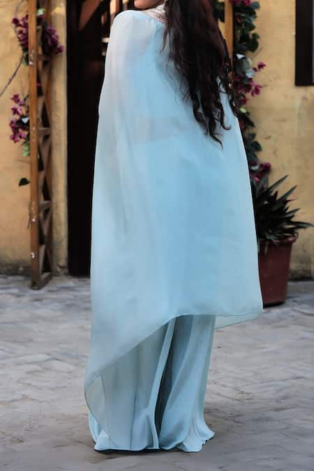 Shop_Samyukta Singhania_Blue Crepe Sequins, Beads Round Padma Bloom Patch Embroidered Cape And Sharara Set _at_Aza_Fashions