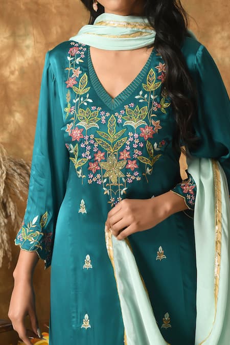 Buy_Samyukta Singhania_Blue Satin, Organza Beads, Sequins, Embroidery V-neck Floral Kurta And Pant Set _Online_at_Aza_Fashions