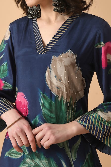 Buy_Samyukta Singhania_Blue Muslin, Chanderi Beads, Lace Floral Printed Straight Kurta With Flared Pant _Online_at_Aza_Fashions