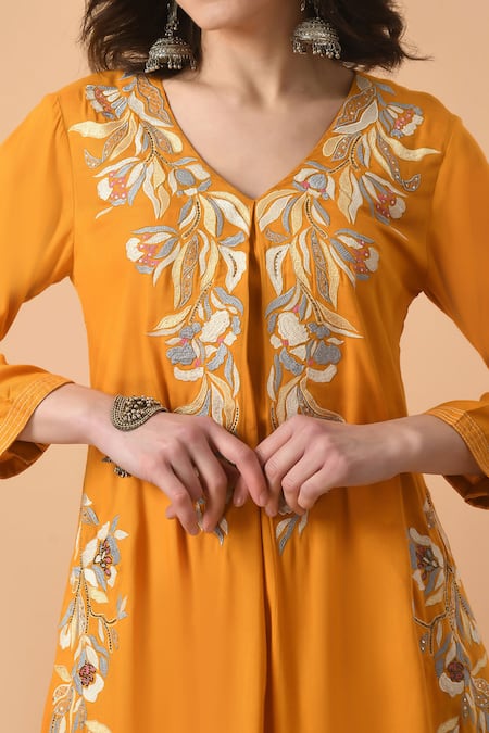 Buy Samyukta Singhania Yellow Cotton, Rayon Embroidery V-neck Floral Thread Pleat Kurta With Pant Online at Aza Fashions Buy_Samyukta Singhania_Yellow Cotton, Rayon Embroidery V-neck Floral Thread Pleat Kurta With Pant _Online_at_Aza_Fashions