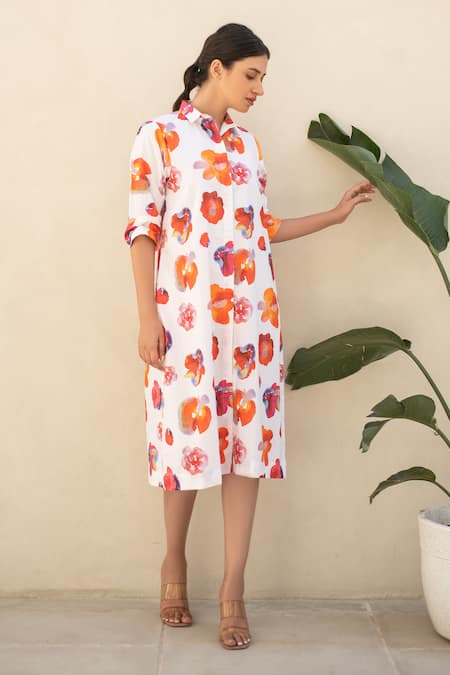 Merakus_Multi Color Cotton Embroidery Collared Blossom Print Shirt Dress _Online_at_Aza_Fashions