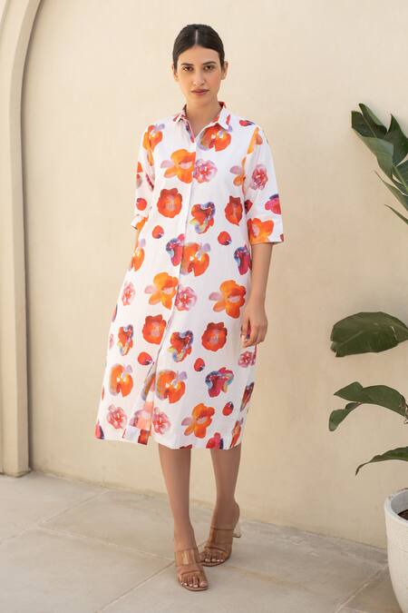 Buy_Merakus_Multi Color Cotton Embroidery Collared Blossom Print Shirt Dress _Online_at_Aza_Fashions