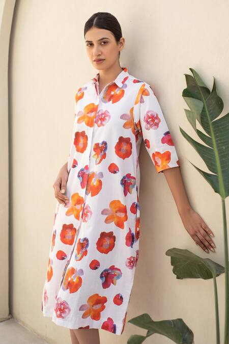 Shop_Merakus_Multi Color Cotton Embroidery Collared Blossom Print Shirt Dress _Online_at_Aza_Fashions