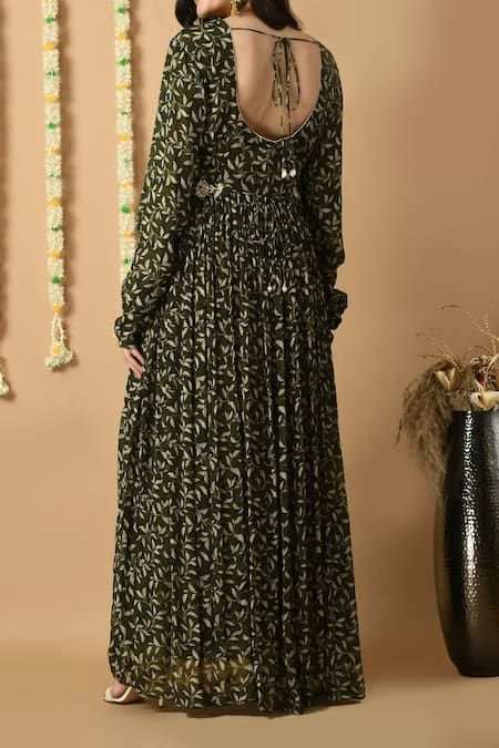 Shop_Naintara Bajaj_Green Chiffon, Georgette Tassels, Embroidery Round Neck Floral Gown With Belt _at_Aza_Fashions