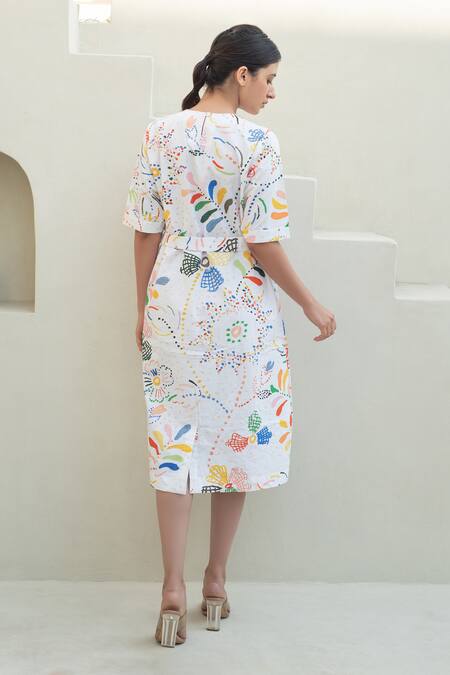 Shop_Merakus_Multi Color Cotton Round Neck Floral Scribble Midi Dress _at_Aza_Fashions