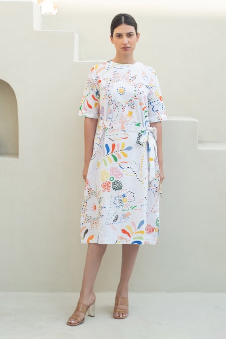 Merakus_Multi Color Cotton Round Neck Floral Scribble Midi Dress _Online_at_Aza_Fashions