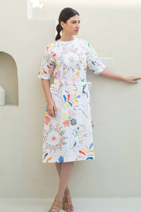 Buy_Merakus_Multi Color Cotton Round Neck Floral Scribble Midi Dress _Online_at_Aza_Fashions