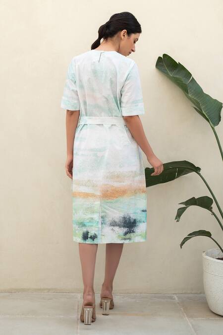 Shop_Merakus_Multi Color Cotton Round Neck Moss Effect Print Midi Dress _at_Aza_Fashions