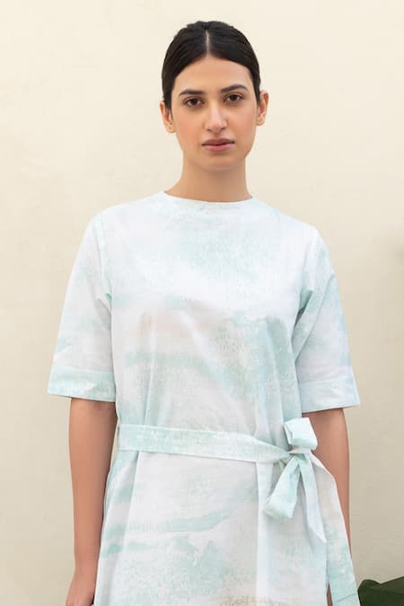 Merakus_Multi Color Cotton Round Neck Moss Effect Print Midi Dress _Online_at_Aza_Fashions