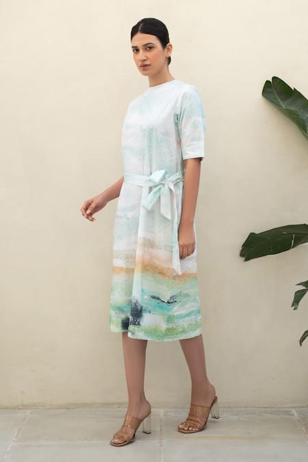 Buy_Merakus_Multi Color Cotton Round Neck Moss Effect Print Midi Dress _Online_at_Aza_Fashions