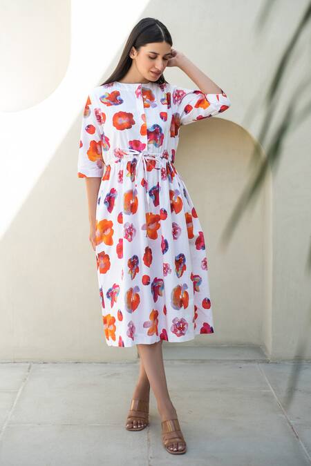 Merakus_Multi Color Cotton Round Neck Melrose Print Midi Dress _Online_at_Aza_Fashions