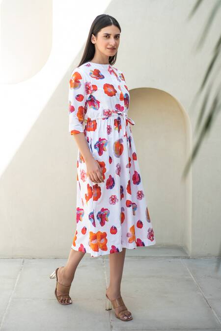 Buy_Merakus_Multi Color Cotton Round Neck Melrose Print Midi Dress _Online_at_Aza_Fashions