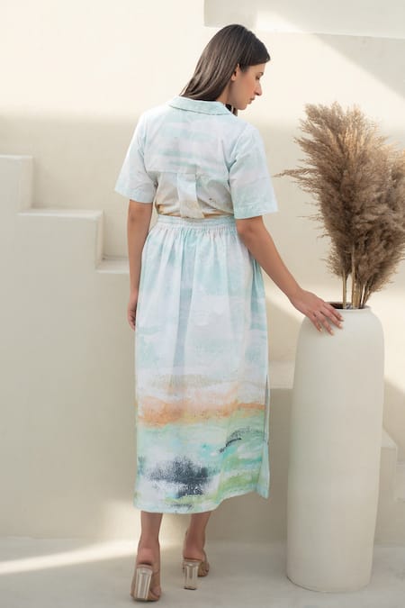 Shop_Merakus_Multi Color Cotton Collared Moss Meadow Print Shirt And Skirt Set _at_Aza_Fashions