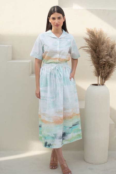 Merakus Multi Color Cotton Collared Moss Meadow Print Shirt And Skirt Set Online at Aza Fashions Merakus_Multi Color Cotton Collared Moss Meadow Print Shirt And Skirt Set _Online_at_Aza_Fashions