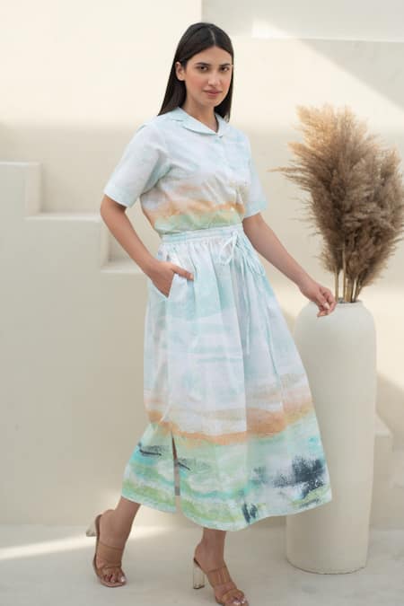 Shop_Merakus_Multi Color Cotton Collared Moss Meadow Print Shirt And Skirt Set _Online_at_Aza_Fashions