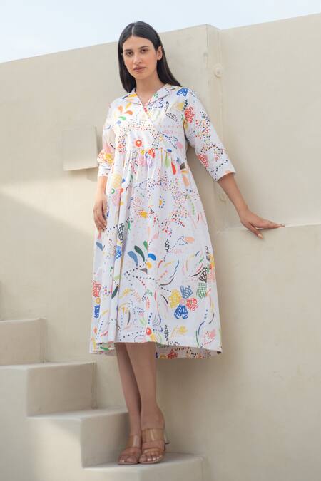 Merakus_Multi Color Cotton Collared Fleur Scribble Midi Dress _Online_at_Aza_Fashions