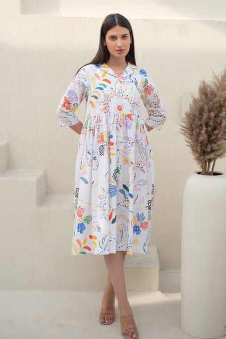 Buy_Merakus_Multi Color Cotton Collared Fleur Scribble Midi Dress _Online_at_Aza_Fashions