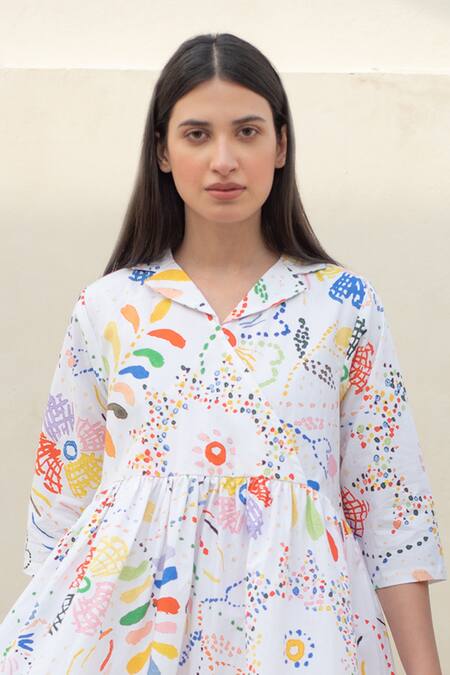 Shop_Merakus_Multi Color Cotton Collared Fleur Scribble Midi Dress _Online_at_Aza_Fashions