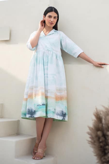 Merakus_Multi Color Cotton Collared Cuban Midi Dress _Online_at_Aza_Fashions