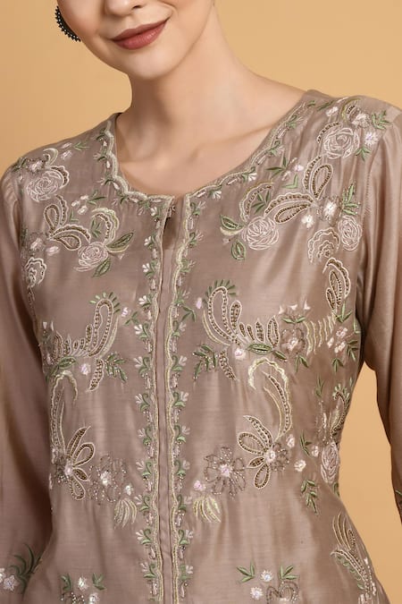Samyukta Singhania_Brown Chanderi Embroidery, Sequins, Beads Round Neck Kurta And Flared Pant Set _Online_at_Aza_Fashions