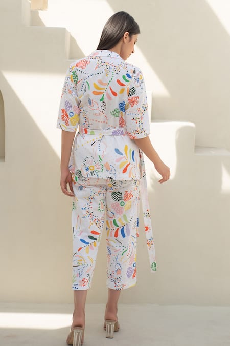 Shop_Merakus_Multi Color Cotton Collared Fleur Scribble Print Wrap Jacket And Pant Set _at_Aza_Fashions