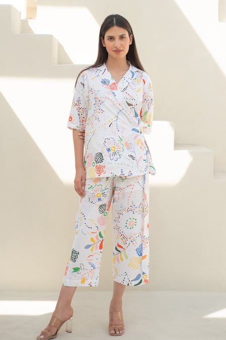 Merakus_Multi Color Cotton Collared Fleur Scribble Print Wrap Jacket And Pant Set _Online_at_Aza_Fashions
