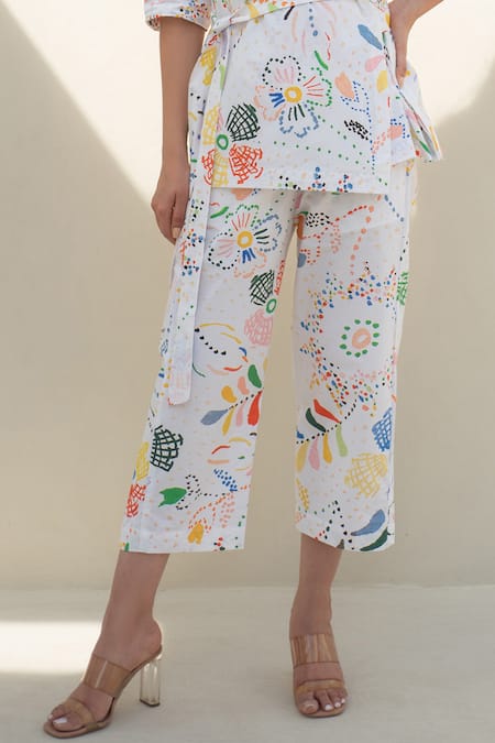 Shop Merakus Multi Color Cotton Collared Fleur Scribble Print Wrap Jacket And Pant Set Online at Aza Fashions Shop_Merakus_Multi Color Cotton Collared Fleur Scribble Print Wrap Jacket And Pant Set _Online_at_Aza_Fashions