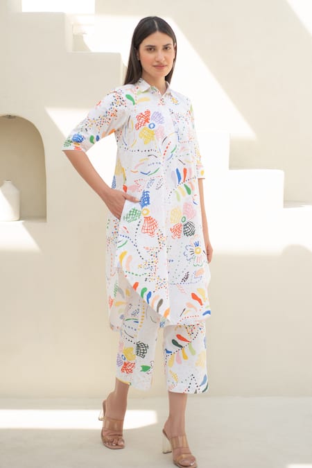 Shop_Merakus_Multi Color Cotton Collared Abstract Floral Print Kurta Set _Online_at_Aza_Fashions