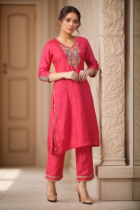 Shop_Samyukta Singhania_Pink Silk, Organza Embroidery, Sequins V-neck Kurta Pant Set _Online_at_Aza_Fashions