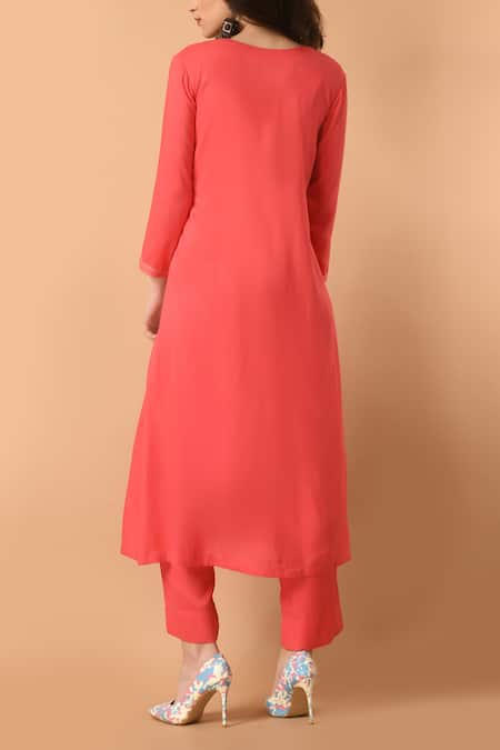 Shop_Samyukta Singhania_Peach Cotton, Rayon Embroidery, Sequins V-neck Floral Straight Kurta With Pant _at_Aza_Fashions