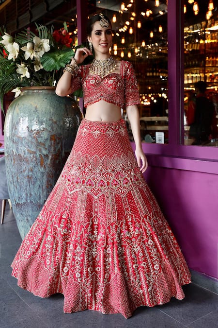 Shop Ronak And Shruti Red Silk, Net Beads, Sequins, Cut Work, Raw Embroidered Bridal Lehenga Set at Aza Fashions Shop_Ronak And Shruti_Red Silk, Net Beads, Sequins, Cut Work, Raw Embroidered Bridal Lehenga Set _at_Aza_Fashions