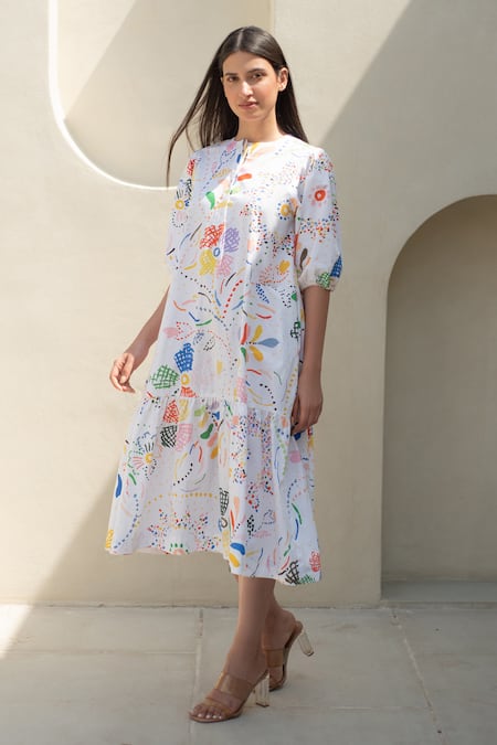 Merakus Bloom Scribble Print Midi Dress 