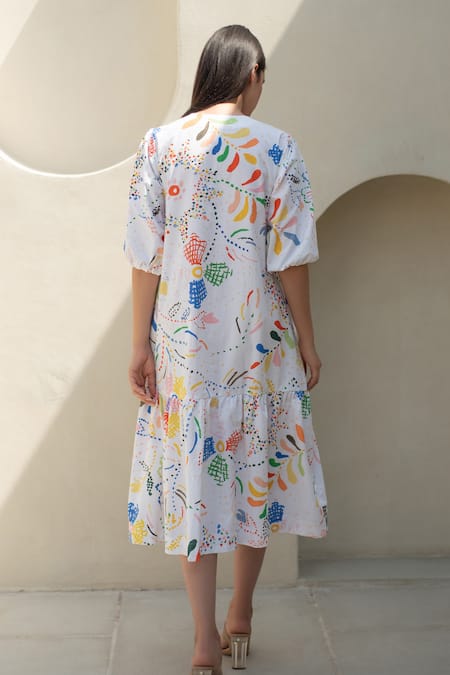 Shop_Merakus_Multi Color Cotton Round Neck Bloom Scribble Print Midi Dress _at_Aza_Fashions
