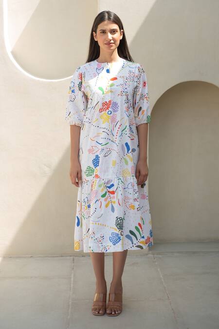 Merakus_Multi Color Cotton Round Neck Bloom Scribble Print Midi Dress _Online_at_Aza_Fashions