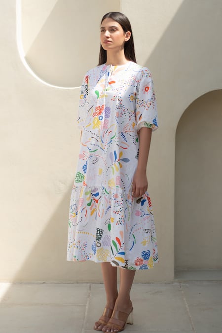 Buy_Merakus_Multi Color Cotton Round Neck Bloom Scribble Print Midi Dress _Online_at_Aza_Fashions
