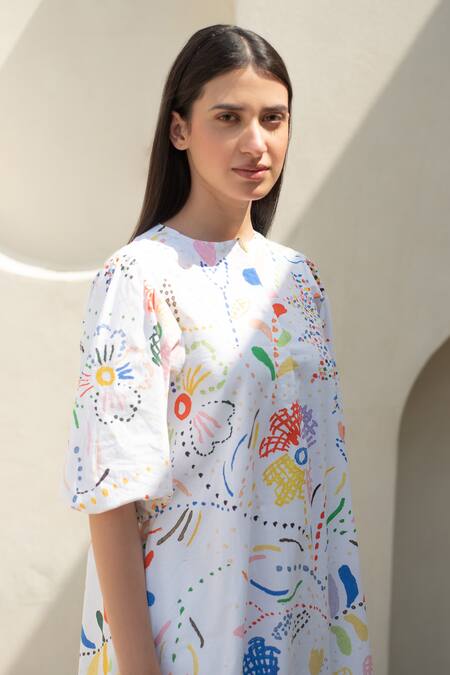 Shop_Merakus_Multi Color Cotton Round Neck Bloom Scribble Print Midi Dress _Online_at_Aza_Fashions