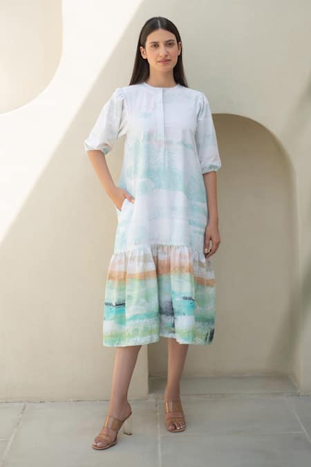 Merakus Moss Watercolor Effect Print Midi Dress 