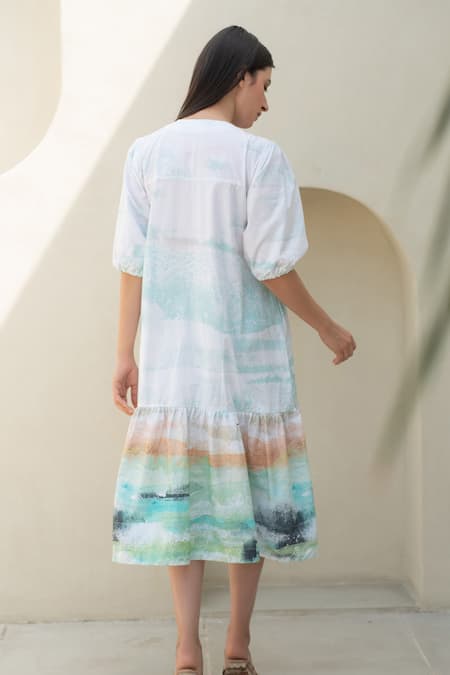 Shop_Merakus_Multi Color Cotton Round Neck Moss Watercolor Effect Midi Dress _at_Aza_Fashions