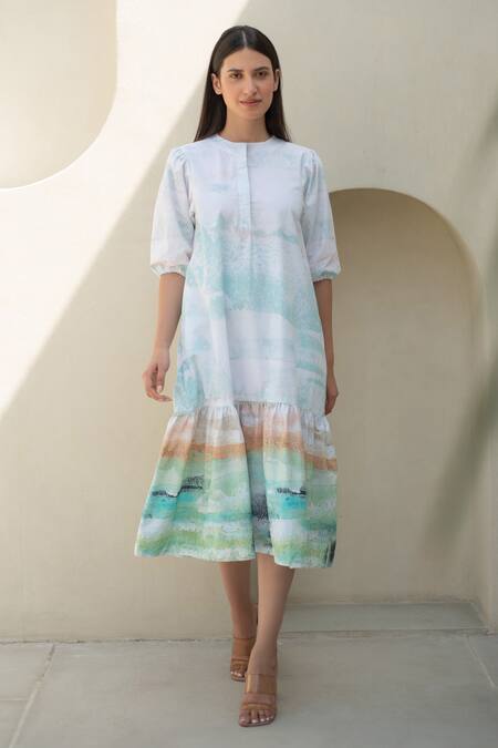 Merakus_Multi Color Cotton Round Neck Moss Watercolor Effect Midi Dress _Online_at_Aza_Fashions