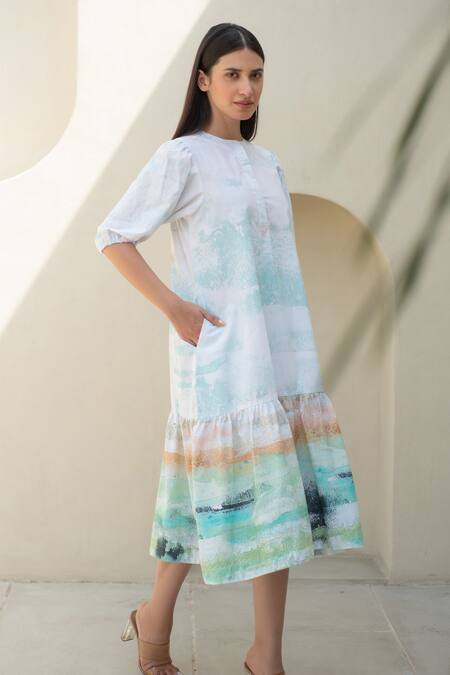 Buy_Merakus_Multi Color Cotton Round Neck Moss Watercolor Effect Midi Dress _Online_at_Aza_Fashions